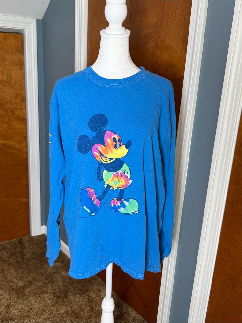 Disney Women’s Bright Blue Long-Sleeve Mickey Tie-Dye Graphic Tee, size large.